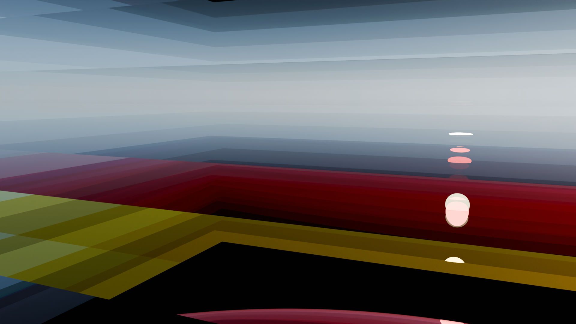 Multi-colored panes of glass floating in space, reflecting a distant sun.